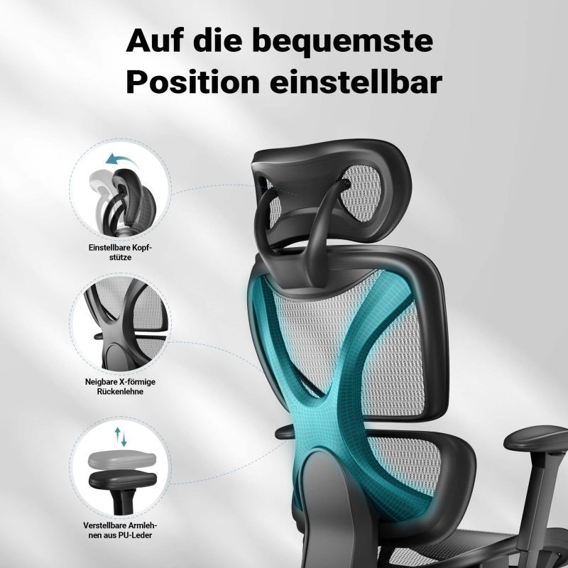 Ergonominen työtuoli, musta, säädettävä niskatuki, selkänoja ja käsinojat, max 150 kg