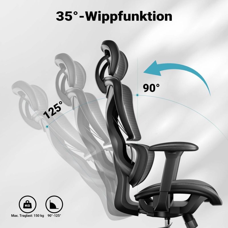 Ergonominen työtuoli, musta, säädettävä niskatuki, selkänoja ja käsinojat, max 150 kg