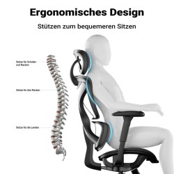 Ergonominen työtuoli, musta, säädettävä niskatuki, selkänoja ja käsinojat, max 150 kg