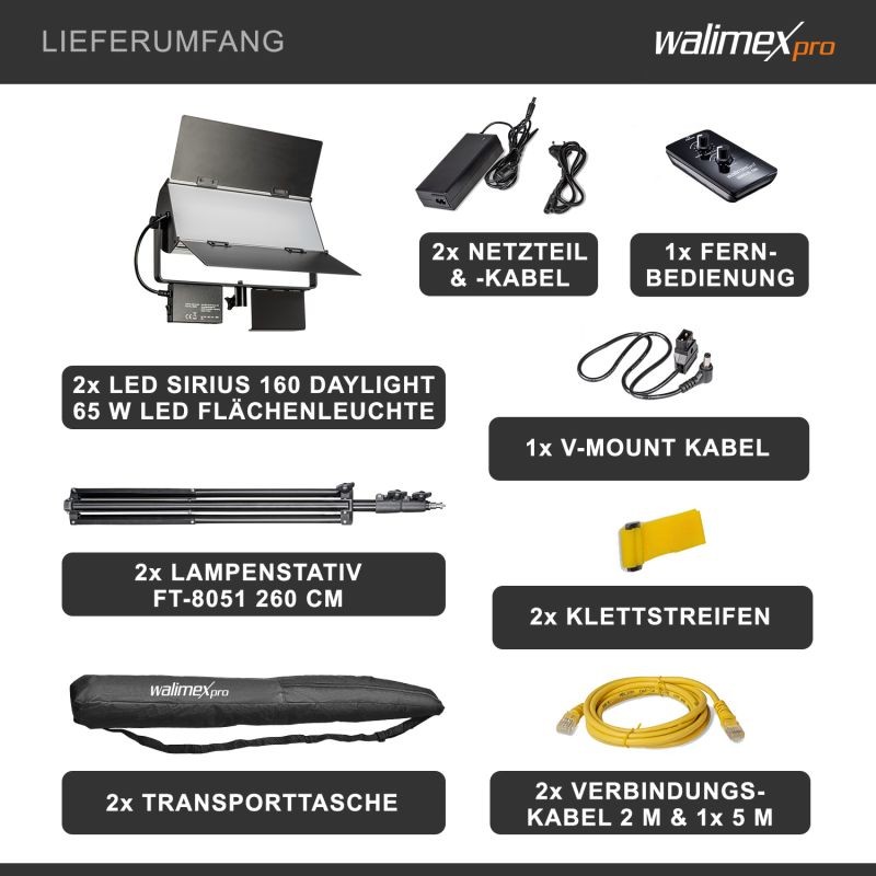 Walimex pro Sirius 160 Daylight LED-paneelivalaisinsetti 2 kpl, 2 jalustaa ja kaukosäädin, 65 W, 5600 K