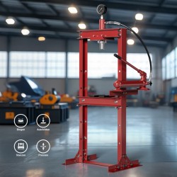 Hydraulinen prässi 12 t, 90–1035 mm työskentelyalue, 145–330 mm nostokorkeus, painemittari, teräs, punainen