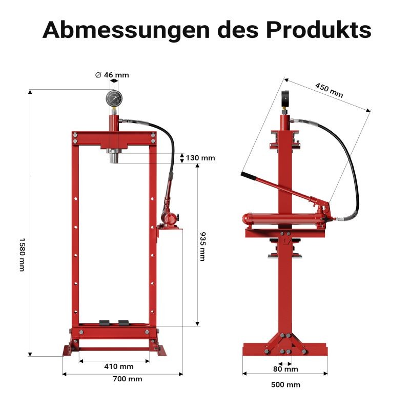 Hydraulinen prässi 12 t, 90–1035 mm työskentelyalue, 145–330 mm nostokorkeus, painemittari, teräs, punainen