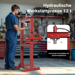 Hydraulinen prässi 12 t, 90–1035 mm työskentelyalue, 145–330 mm nostokorkeus, painemittari, teräs, punainen