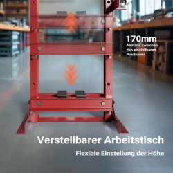 Hydraulinen prässi 12 t, 90–1035 mm työskentelyalue, 145–330 mm nostokorkeus, painemittari, teräs, punainen