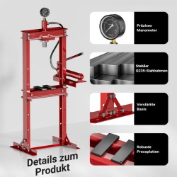 Hydraulinen prässi 12 t, 90–1035 mm työskentelyalue, 145–330 mm nostokorkeus, painemittari, teräs, punainen