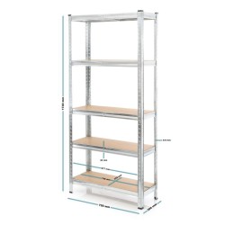 Kuormahylly 75x30x174 cm, 5 hyllytasoa, kantavuus 875 kg, sinkitty teräs ja MDF, hopea