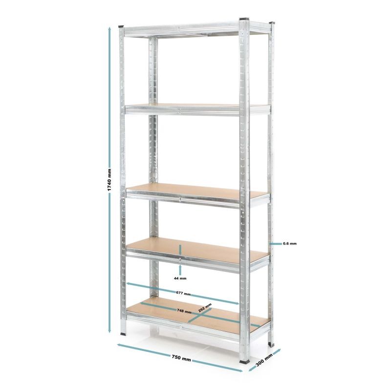 Kuormahylly 75x30x174 cm, 5 hyllytasoa, kantavuus 875 kg, sinkitty teräs ja MDF, hopea