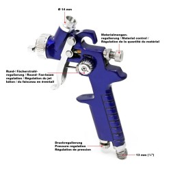 HVLP-ruiskumaalauspistooli H2000P, 0,5 mm ja 0,8 mm suuttimet, 125 ml säiliö, 280 mm suihkuleveys