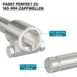 Voimanottoakselin adapteriholkki 140 mm, 36 mm (6 uraa) - 28,52 mm (6 hammasta), AISI 1045 -teräs