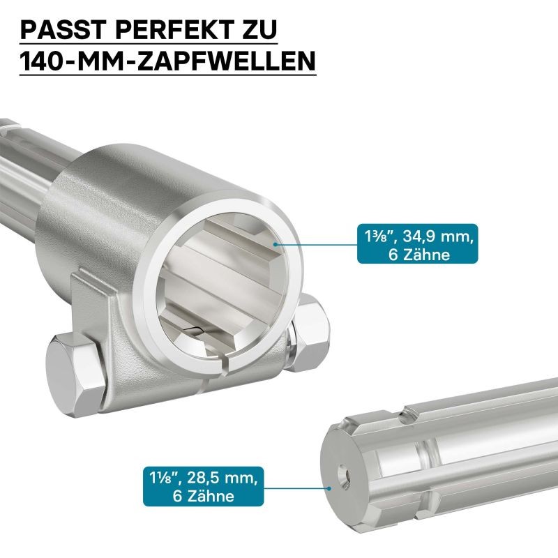 Voimanottoakselin adapteriholkki 140 mm, 36 mm (6 uraa) - 28,52 mm (6 hammasta), AISI 1045 -teräs