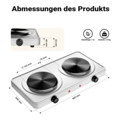 Sähköinen kaksoiskeittolevy 2000 W, valurauta, valkoinen, termostaatti ja ylikuumenemissuoja