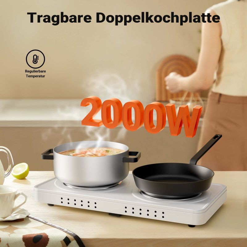 Sähköinen kaksoiskeittolevy 2000 W, valurauta, valkoinen, termostaatti ja ylikuumenemissuoja