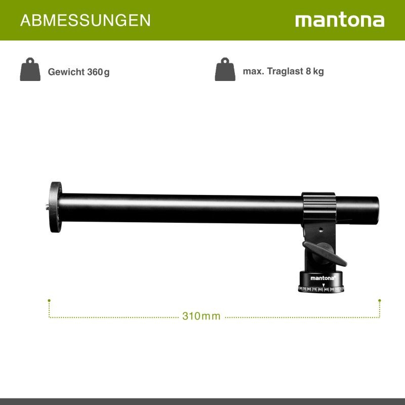 Mantona jalustan jatkovarsi, 310 x 50 x 100 mm, alumiini, musta, kantavuus 8 kg