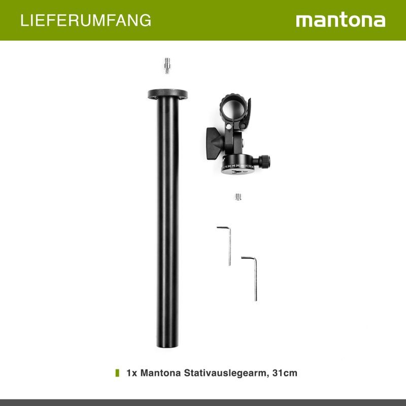 Mantona jalustan jatkovarsi, 310 x 50 x 100 mm, alumiini, musta, kantavuus 8 kg