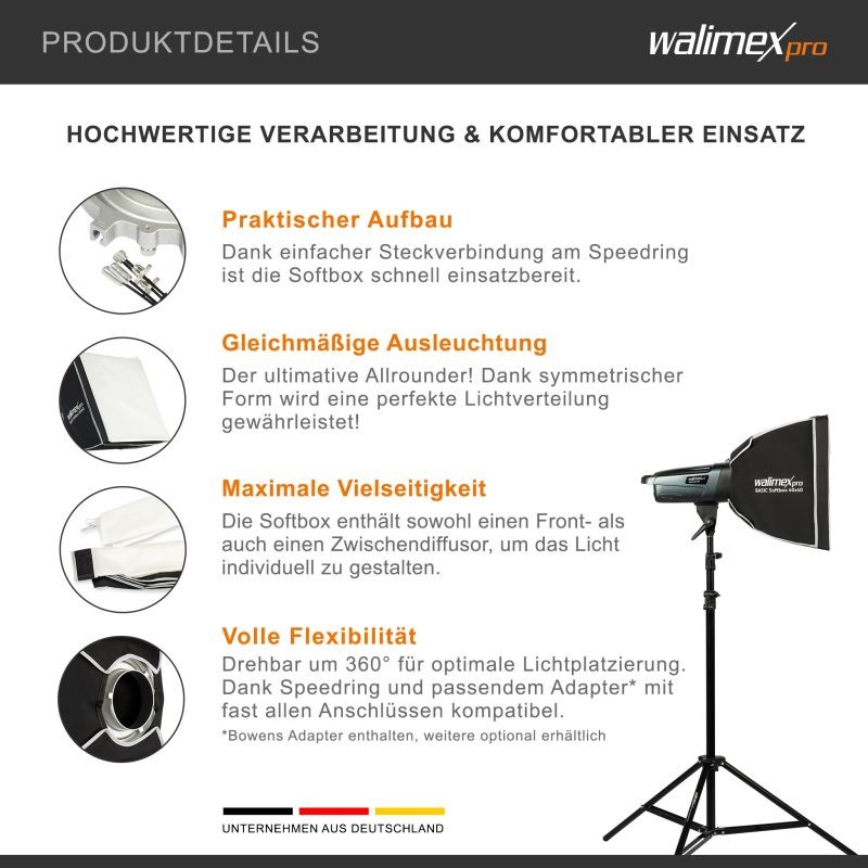 Walimex pro Basic Softbox 40 x 40 cm, 360° kääntyvä, Bowens-adapteri, diffuusorit ja kuljetuslaukku