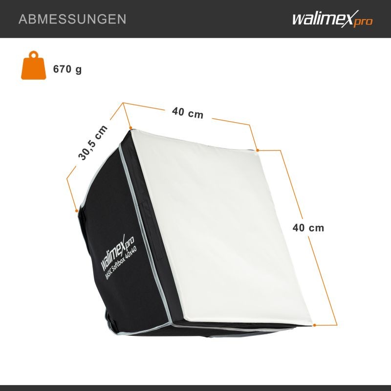 Walimex pro Basic Softbox 40 x 40 cm, 360° kääntyvä, Bowens-adapteri, diffuusorit ja kuljetuslaukku