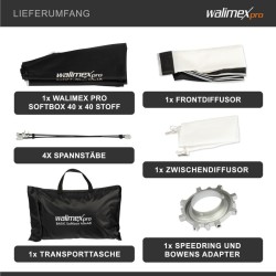 Walimex pro Basic Softbox 40 x 40 cm, 360° kääntyvä, Bowens-adapteri, diffuusorit ja kuljetuslaukku