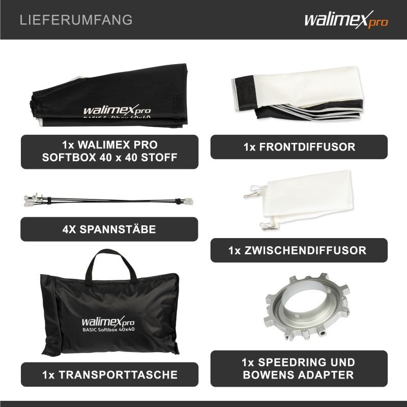 Walimex pro Basic Softbox 40 x 40 cm, 360° kääntyvä, Bowens-adapteri, diffuusorit ja kuljetuslaukku