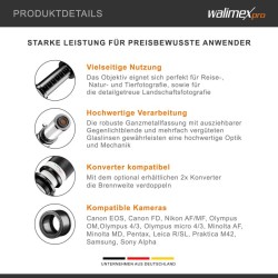 Walimex pro Telezoom-objektiivi 650–1300 mm 1:8–16 Pentax K, manuaalitarkennus, täyskenno ja APS-C