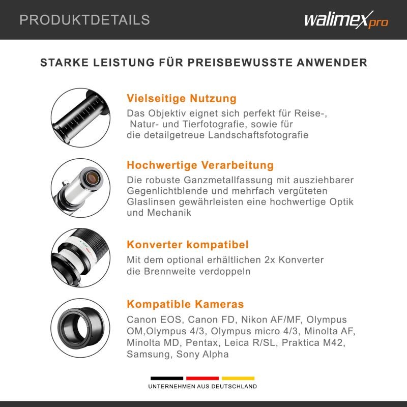 Walimex pro Telezoom-objektiivi 650–1300 mm 1:8–16 Pentax K, manuaalitarkennus, täyskenno ja APS-C
