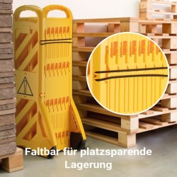 Liikuteltava ja taitettava sulkuaita, keltainen, PE-muovi, laajennettavissa 3,9 m asti, pyörillä