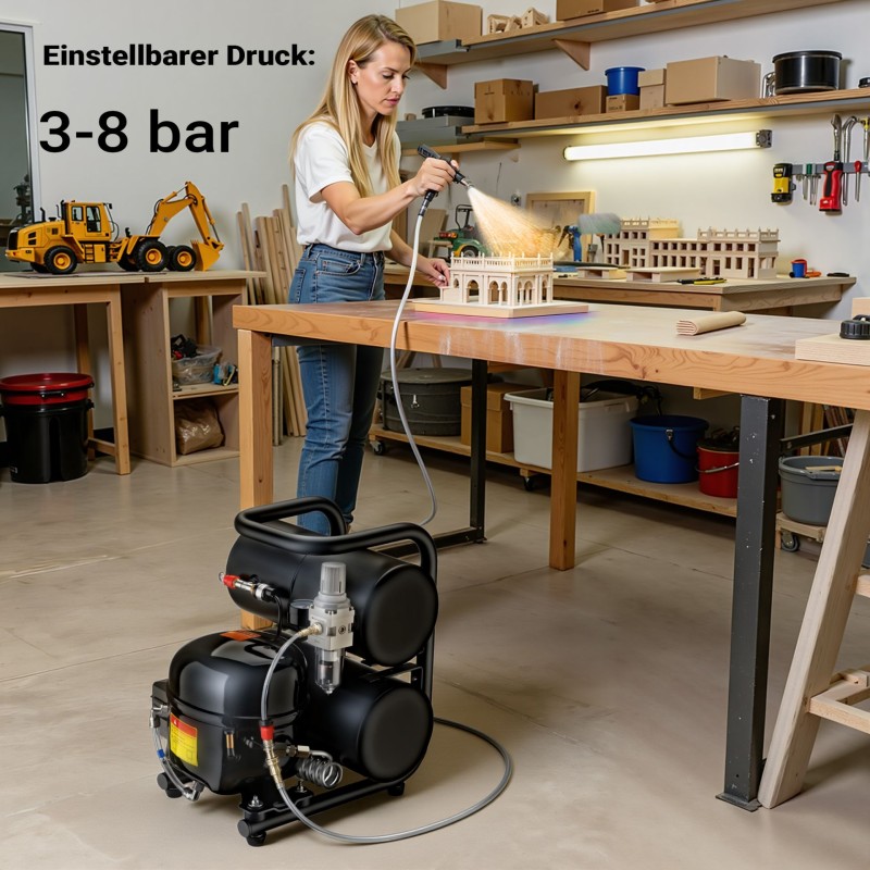 Airbrush-kompressori HO-826, 43-32 l/min, 3-8 bar, 7,5 l säiliö, 2000 ml öljysäiliö