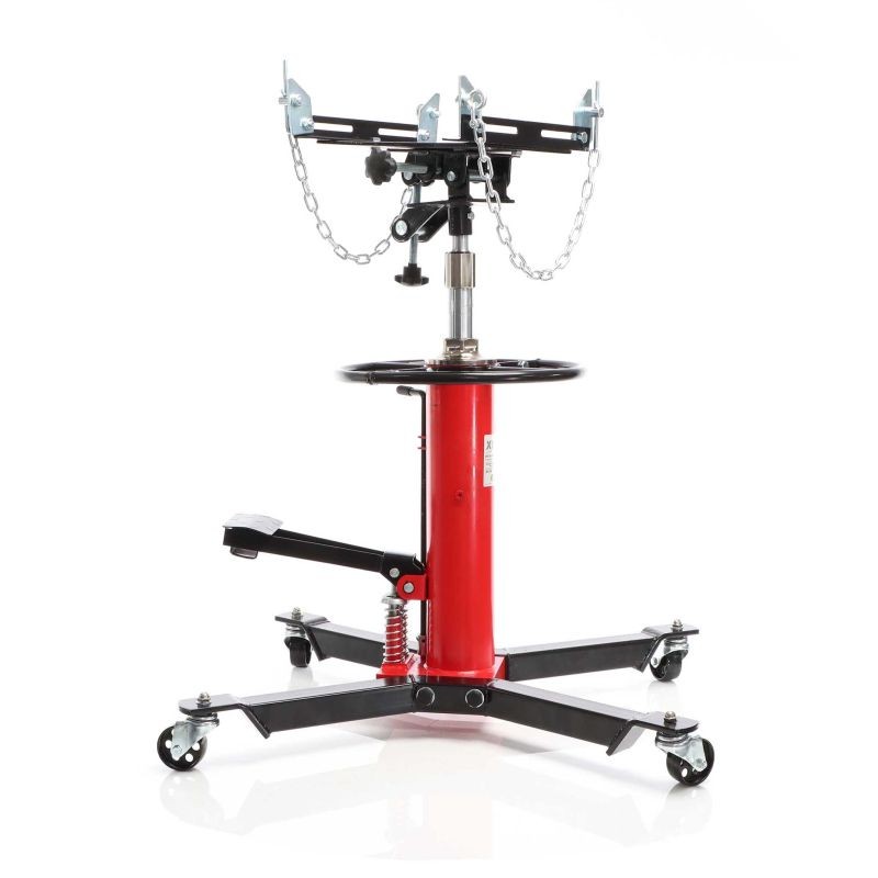 Hydraulinen vaihteistonostin 500 kg, nostokorkeus 87–179 cm, 4 pyörää, tukilevy ja poljin