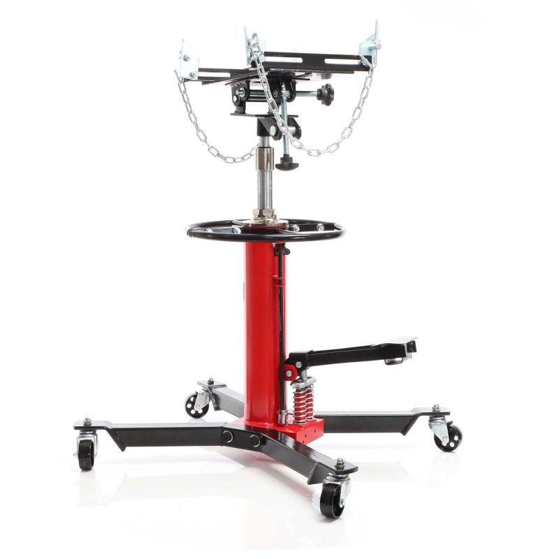 Hydraulinen vaihteistonostin 500 kg, nostokorkeus 87–179 cm, 4 pyörää, tukilevy ja poljin