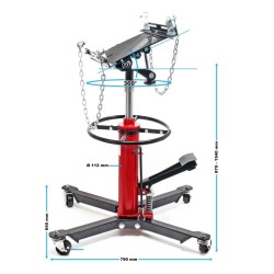 Hydraulinen vaihteistonostin 500 kg, nostokorkeus 87–179 cm, 4 pyörää, tukilevy ja poljin