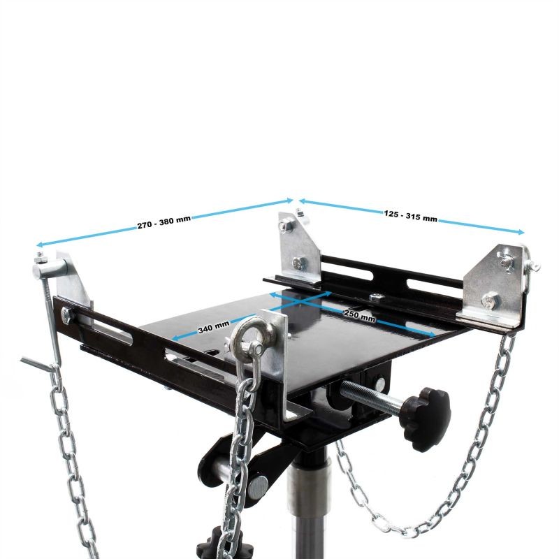 Hydraulinen vaihteistonostin 500 kg, nostokorkeus 87–179 cm, 4 pyörää, tukilevy ja poljin