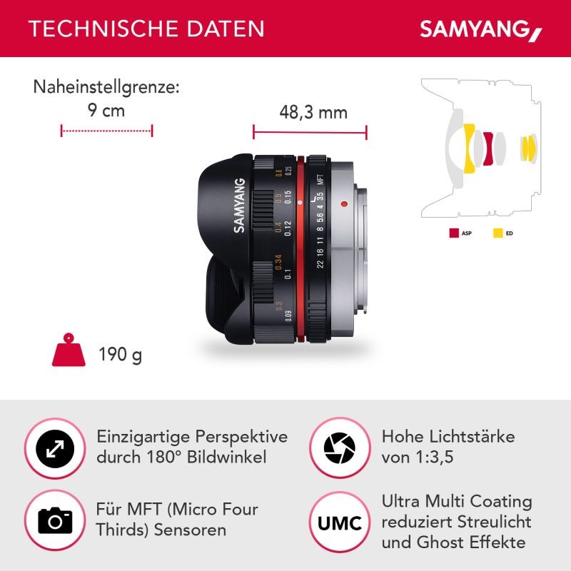 Samyang MF 7,5mm f/3,5 Fisheye-objektiivi MFT, 180° kuvakulma
