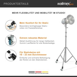 Walimex pro jalustapyöräsarja 3 kpl, Ø 50 mm, metalli, kumi, jarrut, sopii jalkoihin Ø 18-23 mm, musta