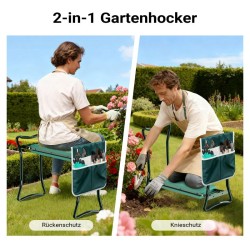 Pehmustettu puutarhajakkara ja polvituoli työkalutaskulla, vihreä, max 150 kg