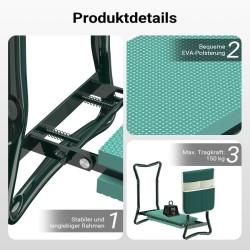 Pehmustettu puutarhajakkara ja polvituoli työkalutaskulla, vihreä, max 150 kg