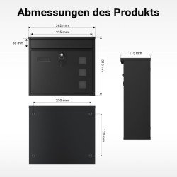Postilaatikko V12 musta 362 x 115 x 315 mm, seinäkiinnitys, galvanisoitu teräs, lukolla