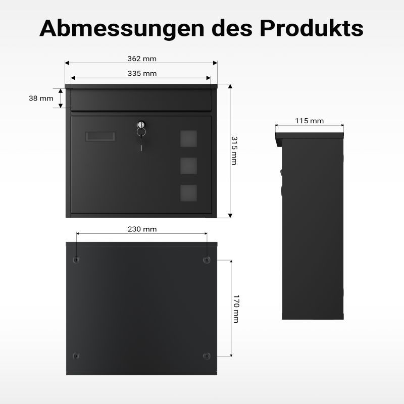Postilaatikko V12 musta 362 x 115 x 315 mm, seinäkiinnitys, galvanisoitu teräs, lukolla