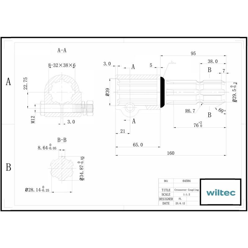 Voimanottoakselin adapteriholkki 160 mm, 8-32x38x6 / 6 hammasta, AISI 1045 teräs