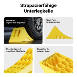 Pyöräkiilat kuorma-autoille, perävaunuille ja matkailuautoille, 2 kpl, 6,5 t, 478 x 200 x 230 mm, keltainen