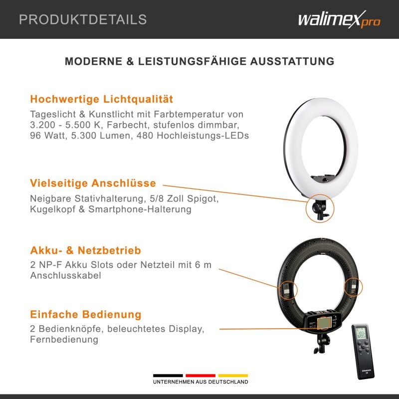 Walimex pro Medow 960 Pro LED-rengasvalosetti 96 W, Bi-Color, sisältää jalustan ja NP-F-akut
