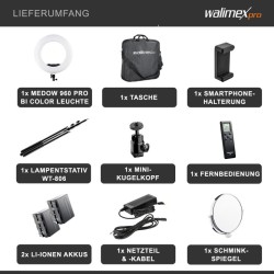 Walimex pro Medow 960 Pro LED-rengasvalosetti 96 W, Bi-Color, sisältää jalustan ja NP-F-akut