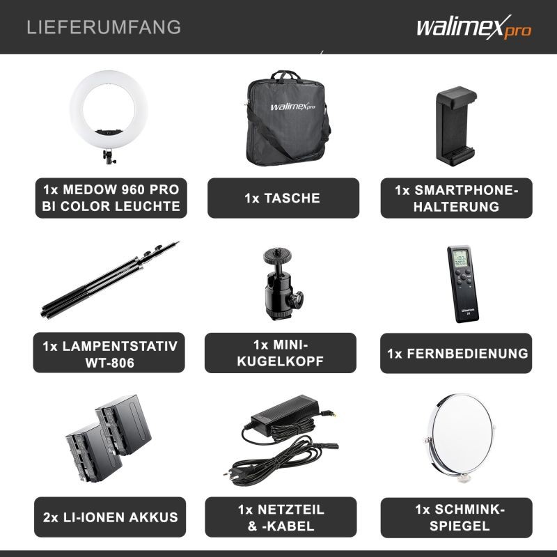 Walimex pro Medow 960 Pro LED-rengasvalosetti 96 W, Bi-Color, sisältää jalustan ja NP-F-akut
