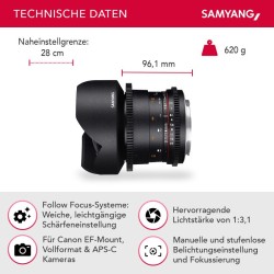 SAMYANG 14 mm T3.1 VDSLR ED AS IF UMC II Canon EF video-objektiivi, manuaalinen tarkennus, musta