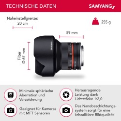 Samyang 12mm f/2.0 MFT laajakulmaobjektiivi, manuaalinen tarkennus, musta