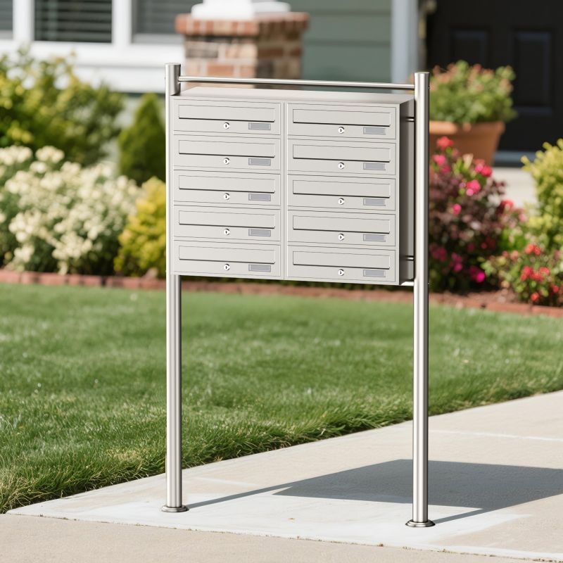Seisova postilaatikkojärjestelmä 10 lokeroa (2x5), ruostumaton teräs, 945 x 270 x 1500 mm, hopea