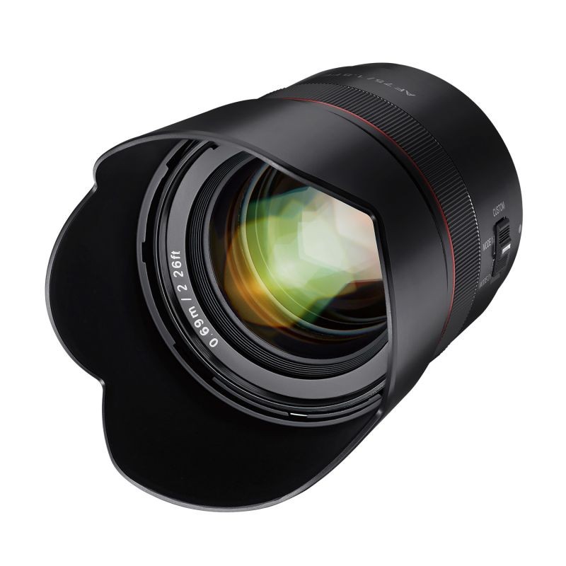 Samyang AF 75mm F1.8 FE muotokuvaobjektiivi Sony E-mount täyskenno ja APS-C