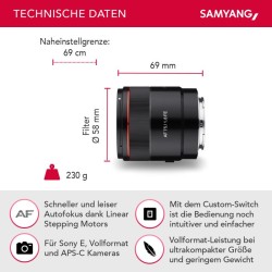 Samyang AF 75mm F1.8 FE muotokuvaobjektiivi Sony E-mount täyskenno ja APS-C