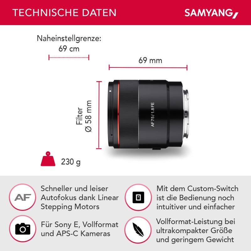 Samyang AF 75mm F1.8 FE muotokuvaobjektiivi Sony E-mount täyskenno ja APS-C