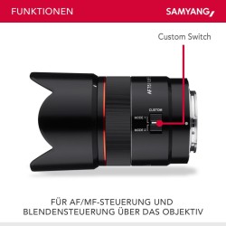 Samyang AF 75mm F1.8 FE muotokuvaobjektiivi Sony E-mount täyskenno ja APS-C