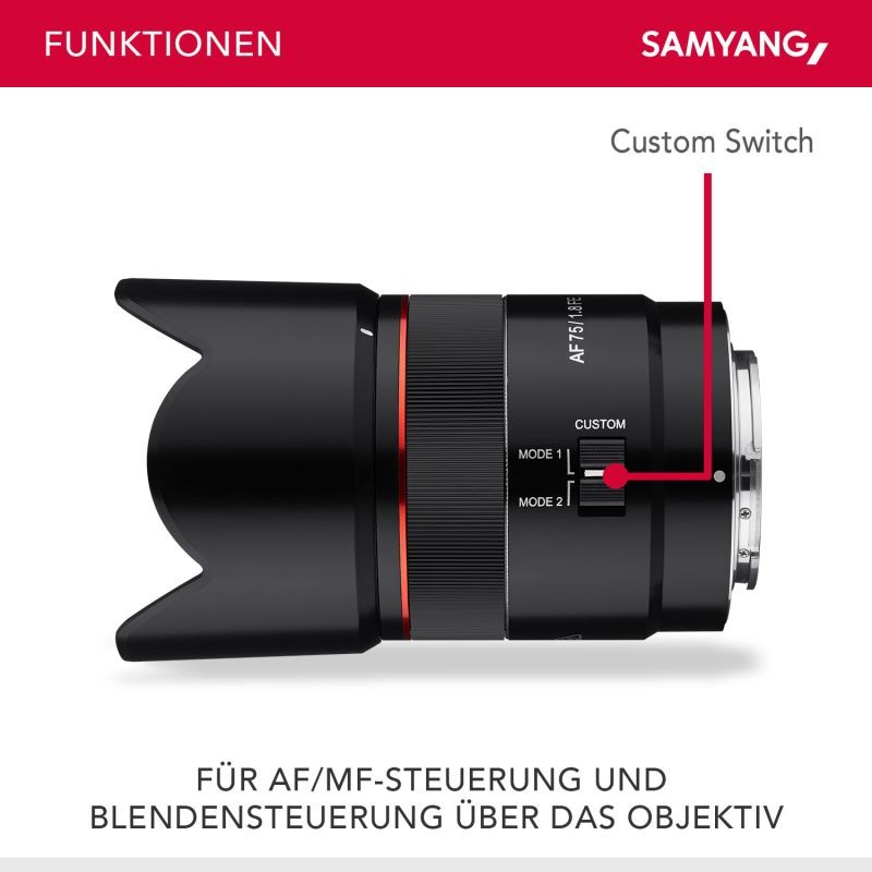 Samyang AF 75mm F1.8 FE muotokuvaobjektiivi Sony E-mount täyskenno ja APS-C