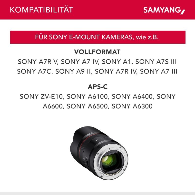 Samyang AF 75mm F1.8 FE muotokuvaobjektiivi Sony E-mount täyskenno ja APS-C